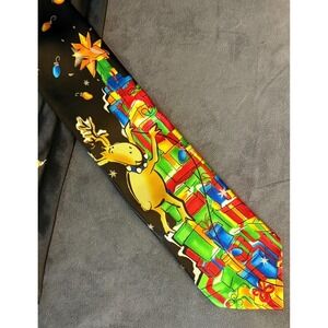 J. Garcia Christmas Necktie Reindeer Presents Novelty Black 62" Vintage